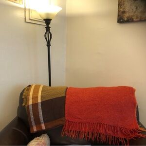 2 shawls —- the plaid is 45” x 49”.  The orange shawl is 53” x 43 “